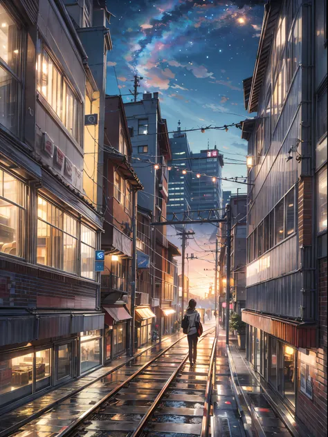 High quality masterpiece, landscape, anime train passing through bodies of water on tracks, bright starry sky. BREAK Romantic train, pixiv, concept art, lofi art style, reflection. by Makoto Shinkai, lofi art, Beautiful anime scene, BREAK Anime landscape, ...