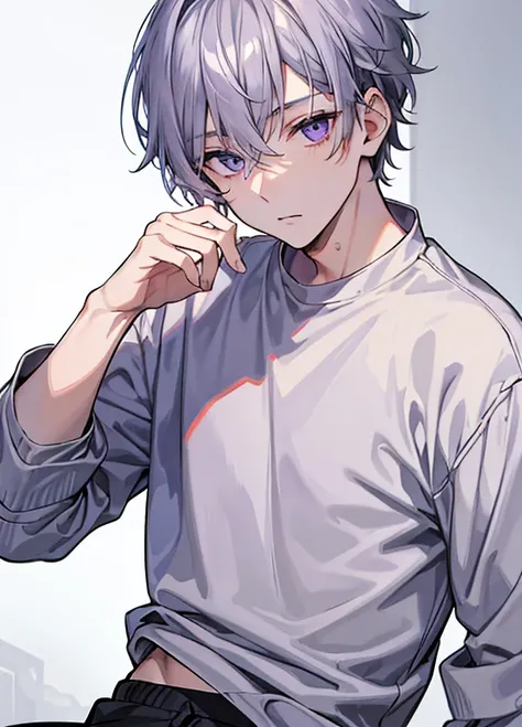 1guy, Handsome man,  Men with gray hair,Underpants, up looking_で_viewer,  Beautiful detailed eyes, beautifull detailed face、Purple order、hair between eye、short-hair、logn hair、a cool、outer、twinks、Gray-haired young man、Calm