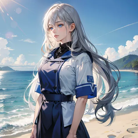 Masterpiece, high quality, best quality, HD, realistic, perfect lighting, detailed body, 1 woman, perfect eyes, long hair, gray Hair, glowing, blue Beach uniform, beach background.