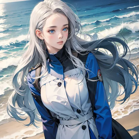 Masterpiece, high quality, best quality, HD, realistic, perfect lighting, detailed body, 1 woman, perfect eyes, long hair, gray Hair, glowing, blue Beach uniform, beach background.