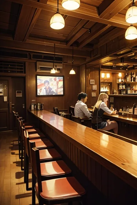 Animation scene in the bar，People are sitting in bars, sitting in a bar, sitting in a bar, at a bar, in a pub, Sitting alone in the bar, drinking at the bar, Inside the bar, Tokyo izakaya scene, anime scene, Tokyo anime anime scenes, in a pub, background b...