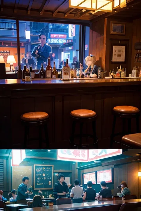 Animation scene in the bar，People are sitting in bars, sitting in a bar, sitting in a bar, at a bar, in a pub, Sitting alone in the bar, drinking at the bar, Inside the bar, Tokyo izakaya scene, anime scene, Tokyo anime anime scenes, in a pub, background b...