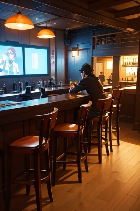 Animation scene in the bar，People are sitting in bars, sitting in a bar, sitting in a bar, at a bar, in a pub, Sitting alone in the bar, drinking at the bar, Inside the bar, Tokyo izakaya scene, anime scene, Tokyo anime anime scenes, in a pub, background b...