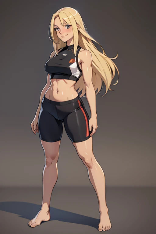 A beautiful blonde blushing barefoot happy woman with very straight hair, wearing a short black sportspants and croptop, standing.