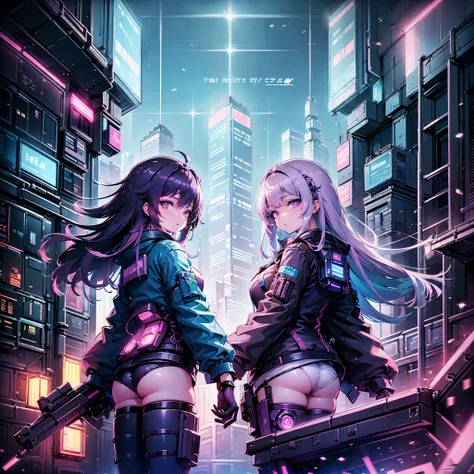 (masterpiece), best quality, expressive eyes,(Perfect face), (Perfect Anatomy), (looking at viewer), Anime girls with in Cyber punk outfit standing in the city, (purple hair,pink eyes), (electric blue hair, blue eyes), cyberpunk anime girl mech, female mec...