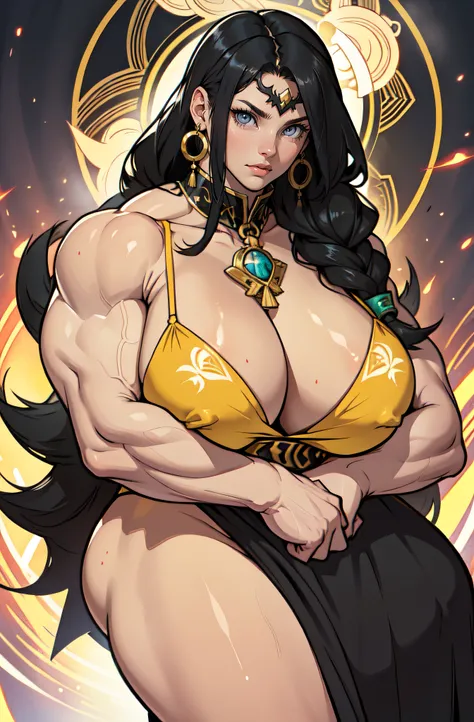 ((1 girl)) angry very long hair pale skin black hair yellow eye, ((((huge muscles)))), (((huge breasts))), by alfons mucha