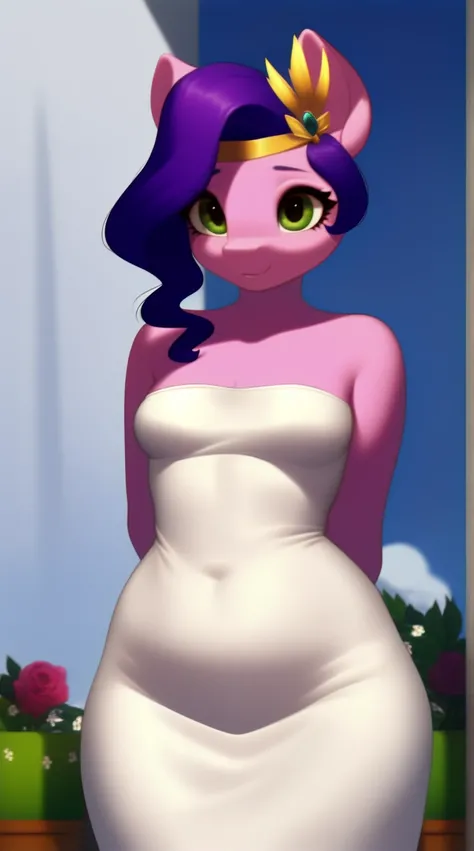 (score_9), (source_pony), (solo), (pegasus), ((anthro pipp petals :1.1)), (strapless tight wedding dress), sexy, nervous , long hair, anatomically correct, night garden, standing near fountain, small breasts, half body, anime art style, solo, light purple ...