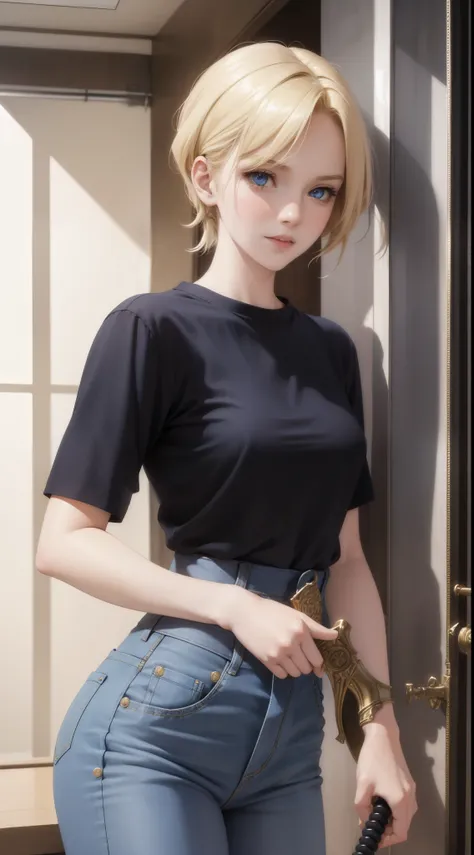 Young girls, blond with short hair, high ponytails, eBlue eyes, ssmile, Blue skinny shirt, denim pant, open shower room, Two swords, fly by rope, tmasterpiece, high high quality, 4K, k hd, Nice details