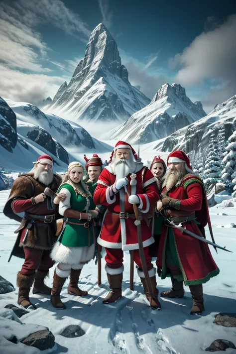 A selfie of Santa Claus, accompanied by Bjorn the polar bear warrior, also Thorwin the dwarf, elvin el elfo, menta el hada y menta el elfo. En medio del polo norte, The image must have an epic fantasy art style., like the lord of the rings. He is the polar...