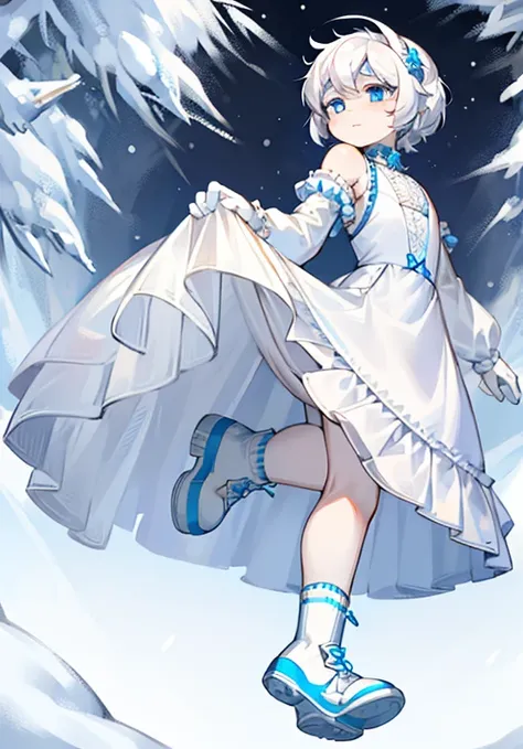 White hair，Wear socks，white short socks，eBlue eyes，Wear shoelue and white shoes，wearing dresses，Short white dress，Snow in winter