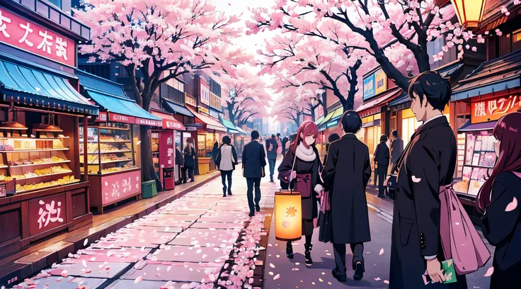 sakura trees bloom in a modern city, bright colours, noisy streets, city lights, cherry blossom petals, floating in the air, cap...