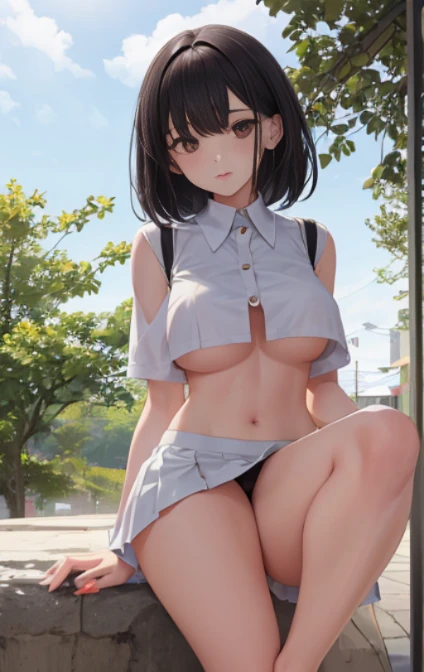 1 Young girls, 独奏, White polo shirt, White sneakers, 
, white mini-skirt, tmasterpiece, Best quality at best, realistically, ultra - detailed, (shiny skins, perspired:1.4), Huang Li, looking at viewert, with short black hair, with brown eye,slenderness,Dyn...