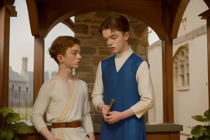 1136, Earlcastle, England. otherworldly scene in a clastle outside patio, ((((15-year-old)) Levi Miller)), bullying ((((12-year-old)) Cameron Monaghan)), ((((poor plain tunic from the 12th century)))), ((Hairstyle of the 12th century)), ((Wes Anderson cine...