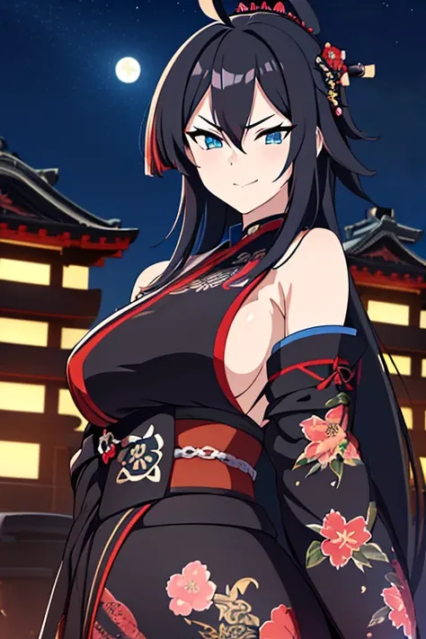 anime, mature, high resolution, (masterpiece), 4k, portrait, ((from front)), (upper body), ((1girl)), (((detailed long black hair with red strands))), (floral hair ornament), ahoge, (((((crossed bangs))))), ((bright cyan blue eyes)), athletic build, (large...