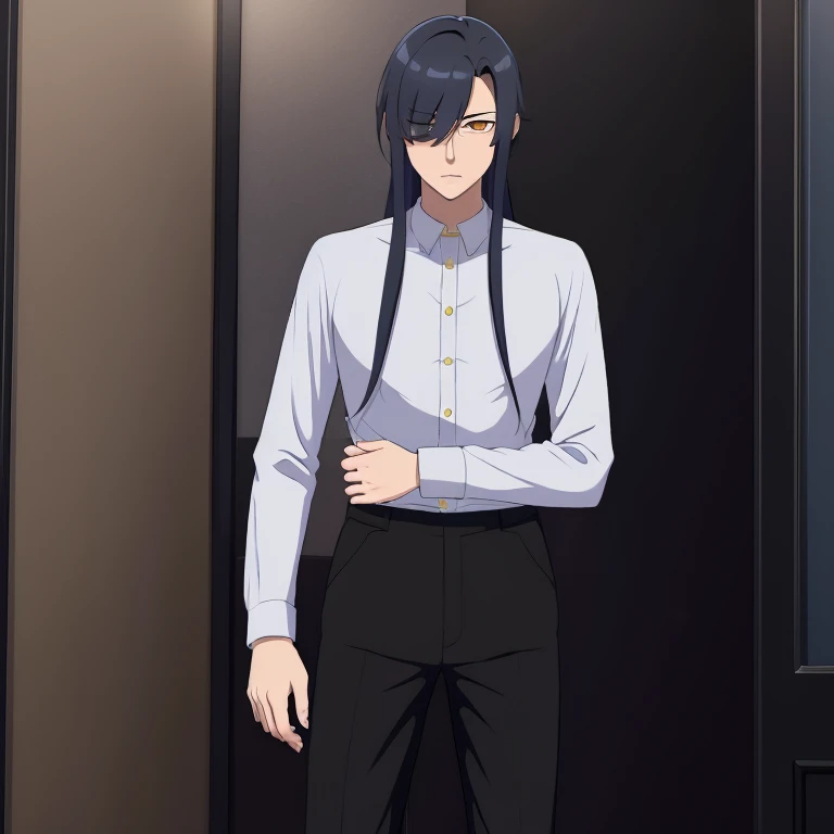 one male, ah high, lean, Feminine appearance, hairlong, dark blue hair color, long bangs cover the left half of the face, Yellow eyes, narrow eyes, A manly face, Dress Shirt, bare breasts, Narrow waist, black pant