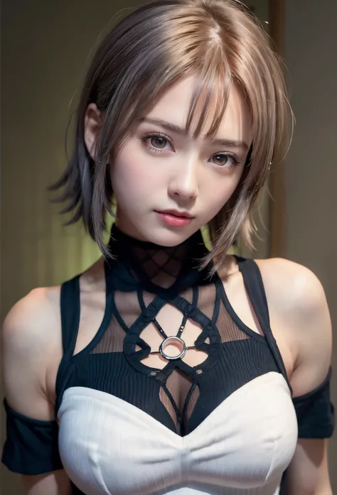 (8K, Photorealistic, Raw photo, of the highest quality: 1.3), (1girl in), Super beautiful, (Realistic face), (boyish, Silver Color Berry Shorthair), Beautiful , Glare that captivates the viewer, Beautiful expression, Beautiful breasts, (Realistic skin), Be...