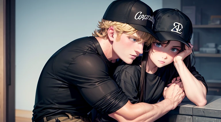 logan paul in a black shirt and black cargo pants  hugging a teenager girl with a backward cap