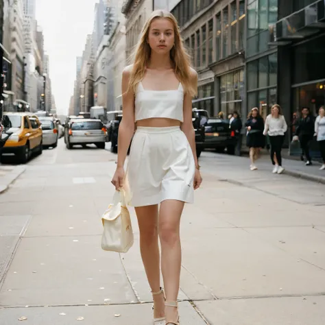 street style photo of young blond women in Balenciaga walking, shot on Kodak Gold 200, natural lighting, medium shot, New York, fine grain