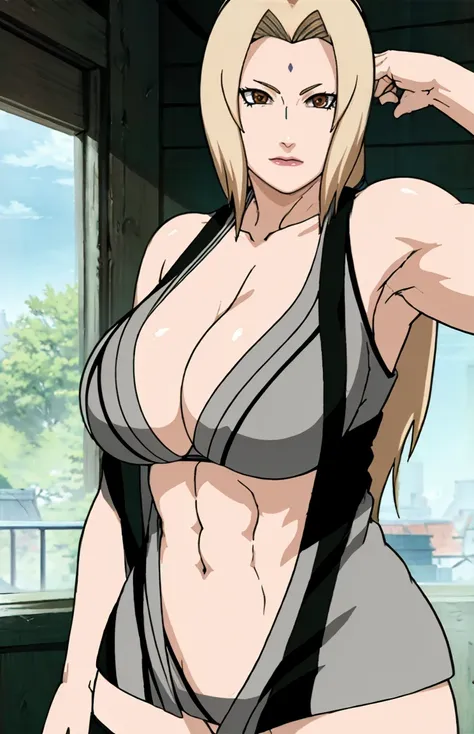 Tsunade, sports bra, detailed navel, strong woman, powerful muscles, confident expression, vibrant colors, dynamic lighting, realistic painting style, high resolution, ultra-detailed, HDR.