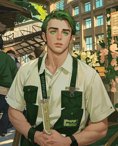 Masterpiece, Best Quality, (Realistic), 1 male, , tall muscular guy, wide shoulders, a handsome, (extremely short hair:1.4), hair light,Green eyes Casual wear,