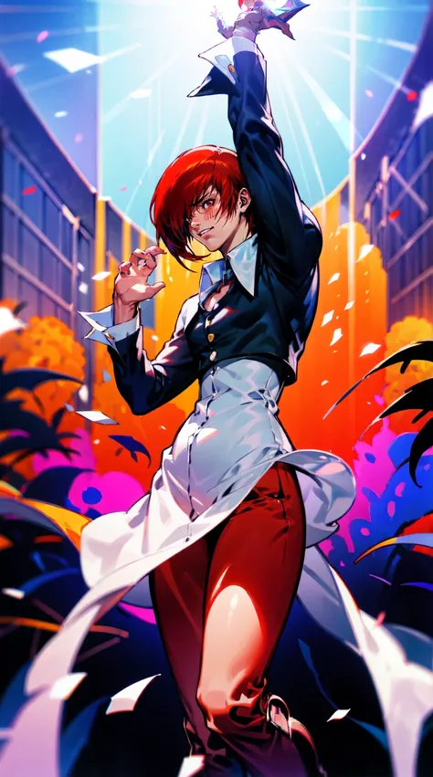 1man,solo,(iori yagami)(la mejor calidad,4k,altas resoluciones:1.2),ultra detallado,(realista:1.37),estilo darkstalkers,red them...