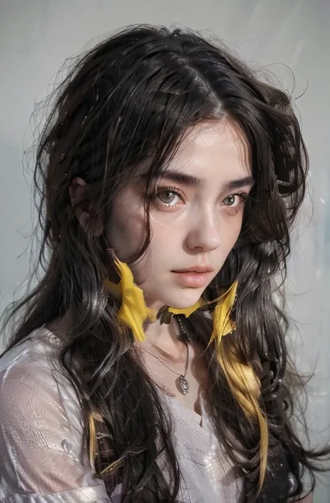 Pretty girl 20yo, pretty sleep big eyes, yellow eyes,Black hair with yellow edges, long wolf hair cut, nice skin colours, pink lips, Silver chain on the neck, V neck, high quality, professional, cinematic image, 4k, highlights, purple t-shirt, Billie Eilis...