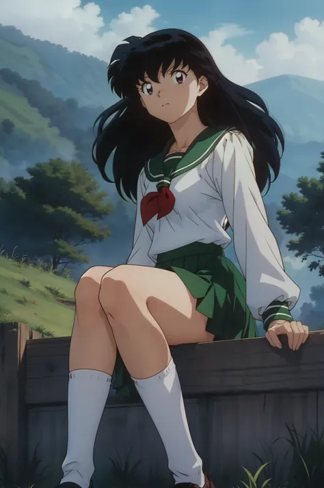 (best quality, masterpiece, highres), kagome higurashi, 1girl, solo, green school uniform, green legs, long sleeves, white socks...