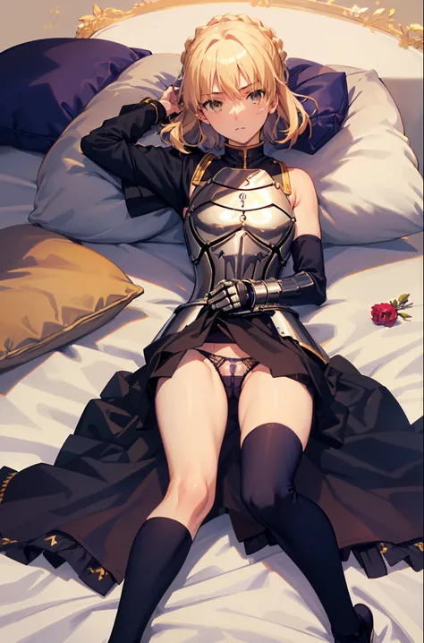 Best Quality, masutepiece,Saber, Faltria, 1girl in, Solo, armor,  Armored dress, blazing, gauntlets, Holding, breastplates, Hair bun,  full body Esbian, undergarment:only panties,   Panty Pose, (Fully exposed panties:1.5)、 (Panties:1.3), (laying on back, H...