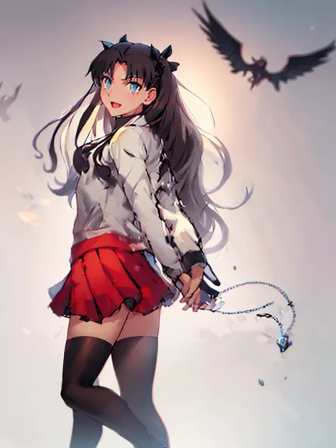 ​masterpiece, top-quality,1girl in, tohsaka-rin, 独奏, The long-haired, thighs thighs thighs thighs, skirt by the, blue eyess, twosideup, A dark-haired, Black stockings