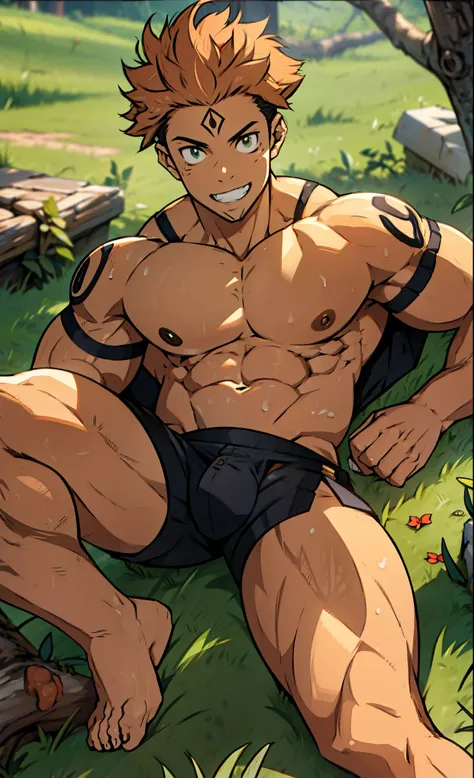 (canto da foto de baixo para cima) (imagem da mais alta qualidade) Lion man ,real, jovem, , with just your tight underwear  , box underwear squeezing your groin, showing your pubic hair, virilha saliente, imagem de anime, lying on the grass , lying down, p...