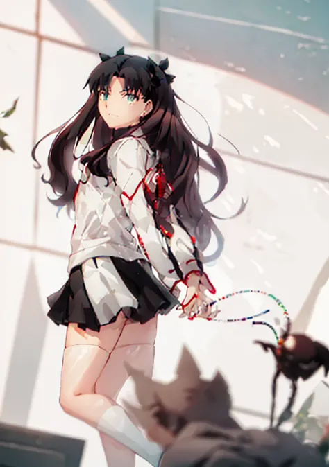 ​masterpiece, top-quality,1girl in, tohsaka-rin, 独奏, The long-haired, thighs thighs thighs thighs, Black skirt, blue eyess, twosideup, Double-sided ribbon, A dark-haired, Black stockings, red turtleneck, Red Shirt