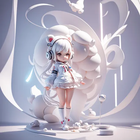 masterpiece, bestquality, lots of details, (Full body:1.2), chibi, panda girl, White Hair, magic suit, Light headphones, 3D rendering, Q typing style