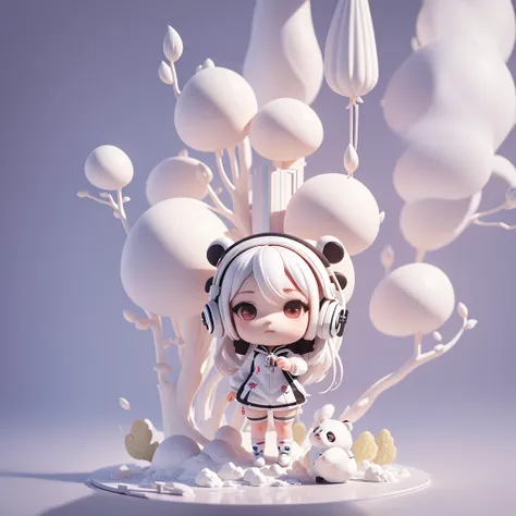 masterpiece, bestquality, lots of details, (Full body:1.2), chibi, panda girl, White Hair, magic suit, Light headphones, 3D rendering, Q typing style