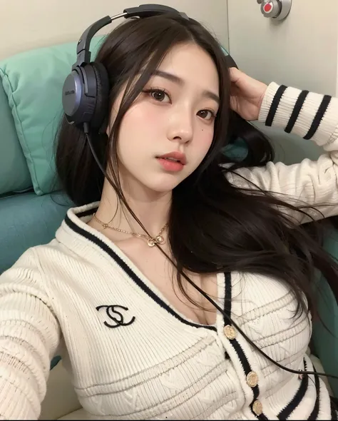 Arafed woman with headphones and a sweater sitting on a sofa, Chica coreana, ulzzang, dilraba dilmurat, Hermosa mujer surcoreana, Jinyoung Shin, Bae Suzy, Heonhwa Choe, Jaeyeon Nam, Hermosa joven coreana, 2 2 years old, Hermosa joven coreana, 19 year old g...