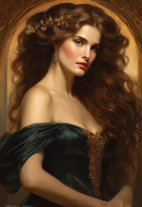 Brooke Shields youngPainting of a beautiful and sexy woman, ((with long medusa hair, falling over her shoulders)) and an embroidered dress, ((French courtesan, from the Victorian Era)), ((Brooke Shields young style)), wearing a dress low-cut and black embr...