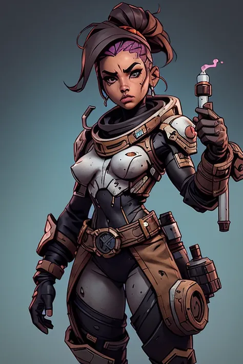 (((sfw, sem roupas, pele escura))), (((nsfw, scientific fiction, pele escura, desenho de linha, aquarela))), with first person view high definition character art, personagem negra do jogo Borderlands, cabelo preto preso, First-person view, pronta para enfr...