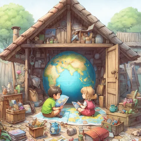 illustration of two children, sitting on the map in the hut, beautiful illustration, Artist Kubisi, World building, Kim Hwan Gi, yuumei, cute storybook illustration, cute detailed artwork, by Arthur Pan, cute detailed digital art, illustration for the ency...