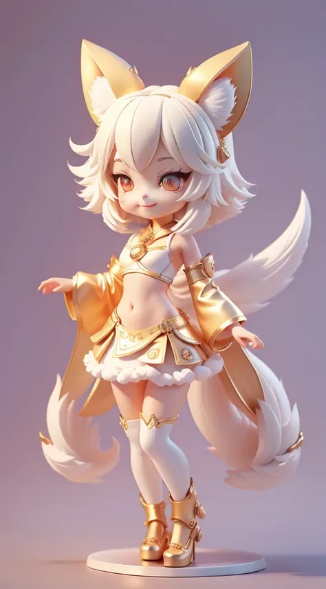 Fluorescent lens flare，cute fox makeup，fluffy little fox，white feathers，Thin waist, narrow waist，fox ears，paw shoes，Kawaii appearance，Flat chested little sister，Sleek，Smile，Navy hair，Golden Disciple.。Interesting 3D vector art。