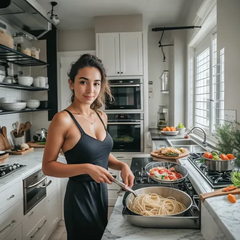 28 year old girl preparing pasta, big modular kitchen with island, white interiors, athletic body, wearing short black dress