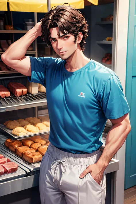 High quality 8K 3D image of a 35 year old male person with short curly hair, delgado, con pantalones de mezclilla azul, playera blanca con decorados de nintendo, en su mano derecha agarrando una cuchara cortando un pedazo de carne