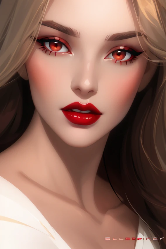 arafed woman with long hair and red lipstick posing for a picture, detailed face with red lips, light-red lips, wide golden eyes and red lips, red lips, faint red lips, sexy face with full makeup, sultry digital painting, beauty portrait, sexy red lips, bi...