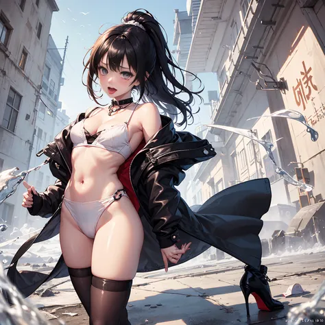 (2D), outdoor, crawling, , scared, like, tears, dog chain, tongue, long ponytail, blush, stained with a lot of white liquid, black stockings, high heels, , messy, cleavage, open back, navel, condom, tattered wind, trench coat, no underwear, sputtering, spi...