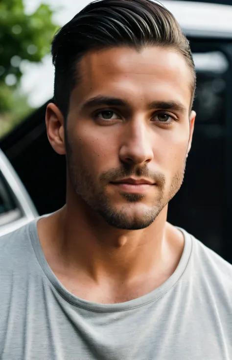 Photo of a 30-year-old European man, raw, Beautiful man, (short brunett hair), (Portrait)), (Detailed face: 1.2)), (detailed facial features)), (finely detailed skin), naturally tanned skin, black shorts and a gray tank top, black fashionable sneakers, nex...