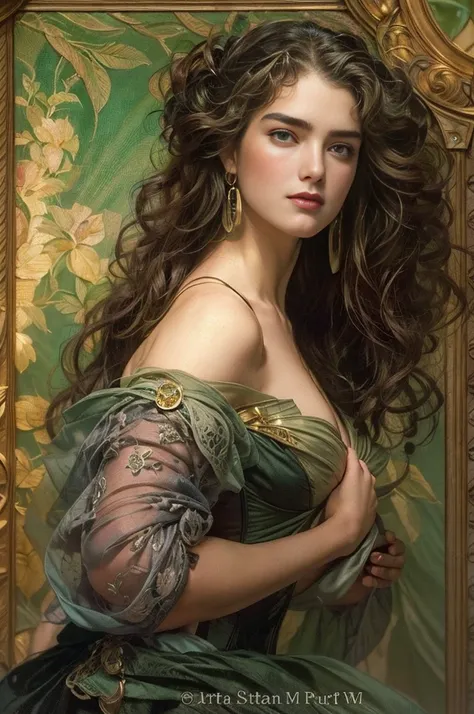 brooke shields youngpainting of a beautiful and sexy woman, ((with long medusa hair, falling over her shoulders)) and an embroid...