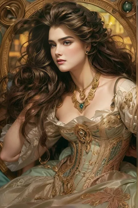 brooke shields youngpainting of a beautiful and sexy woman, ((with long medusa hair, falling over her shoulders)) and an embroid...