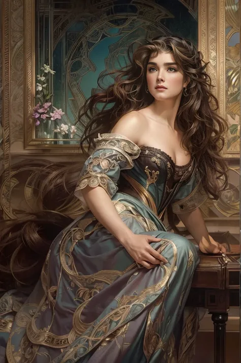 Brooke Shields youngPainting of a beautiful and sexy woman, ((with long medusa hair, falling over her shoulders)) and an embroidered dress, ((French courtesan, from the Victorian Era)), ((Brooke Shields young style)), wearing a dress low-cut and black embr...