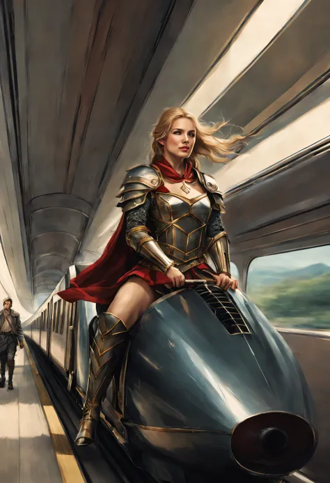 medieval female warrior rides a bullet train with a modern man.