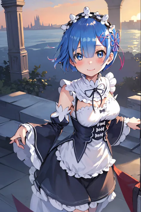 blue hair, rem \(re:zero\), [smile], blush, castle,, masterpiece, best quality, perfect lighting, 1girl, skirt, medium breasts,