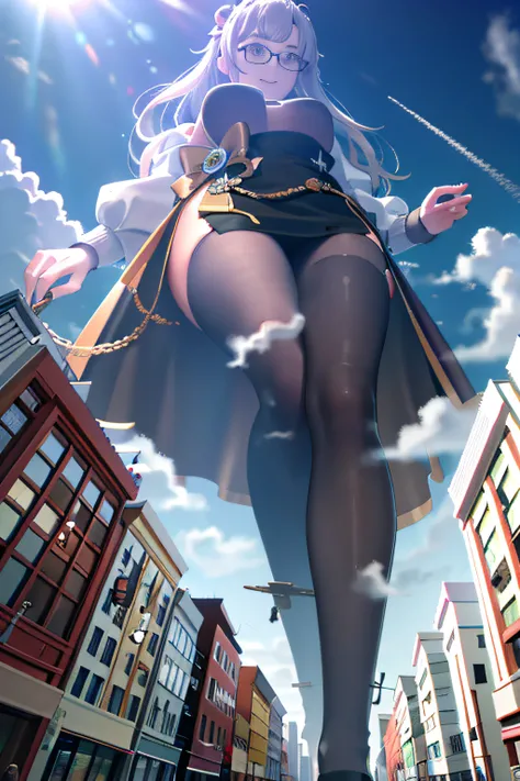 giantess art, highly detailed giantess shot, der riese, super giant princess, Shorthair, Giant woman bigger than a skyscraper, Wearing rimless glasses, Colossal tits, Big ass, white luxury white dress, White pantyhose, shoes: high heel white sandals, very ...