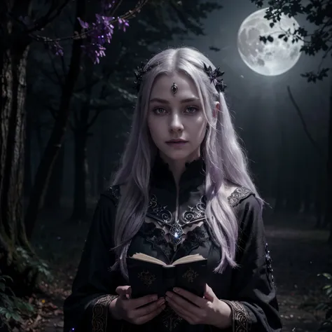 best quality, masterpiece, ultra-detailed, dark fantasy, highly detailed, digital painting, young dark elf warlock, pale skin, long white hair, lilac skin, intricate facial scars, intense gaze, glowing purple eyes, black robes, intricate embroidery, silver...